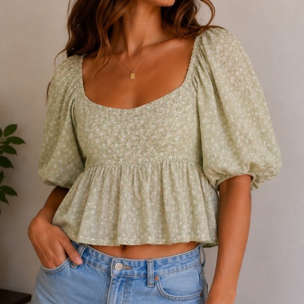 Altar'd State Floral Babydoll Top M Sage Green Cottagecore Coquette Puff Sleeve
